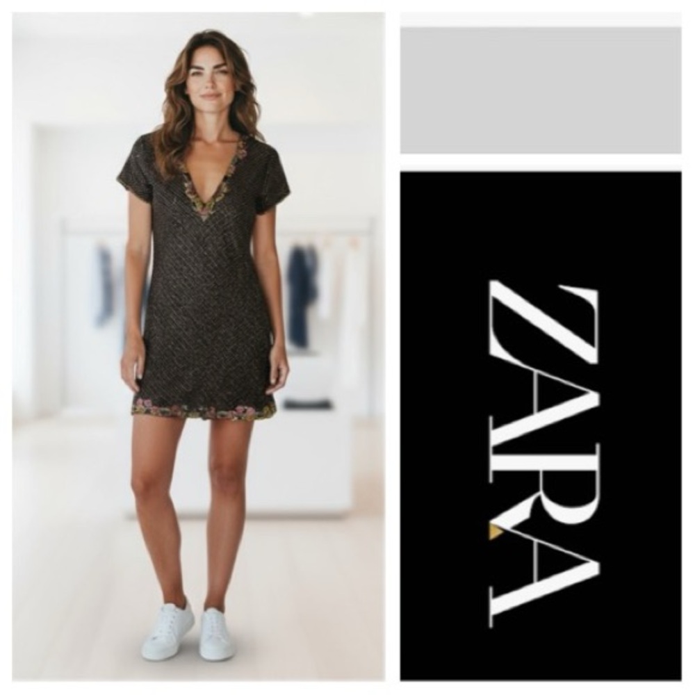 Zara Black gold sequin embroidered mini dress excellent condition